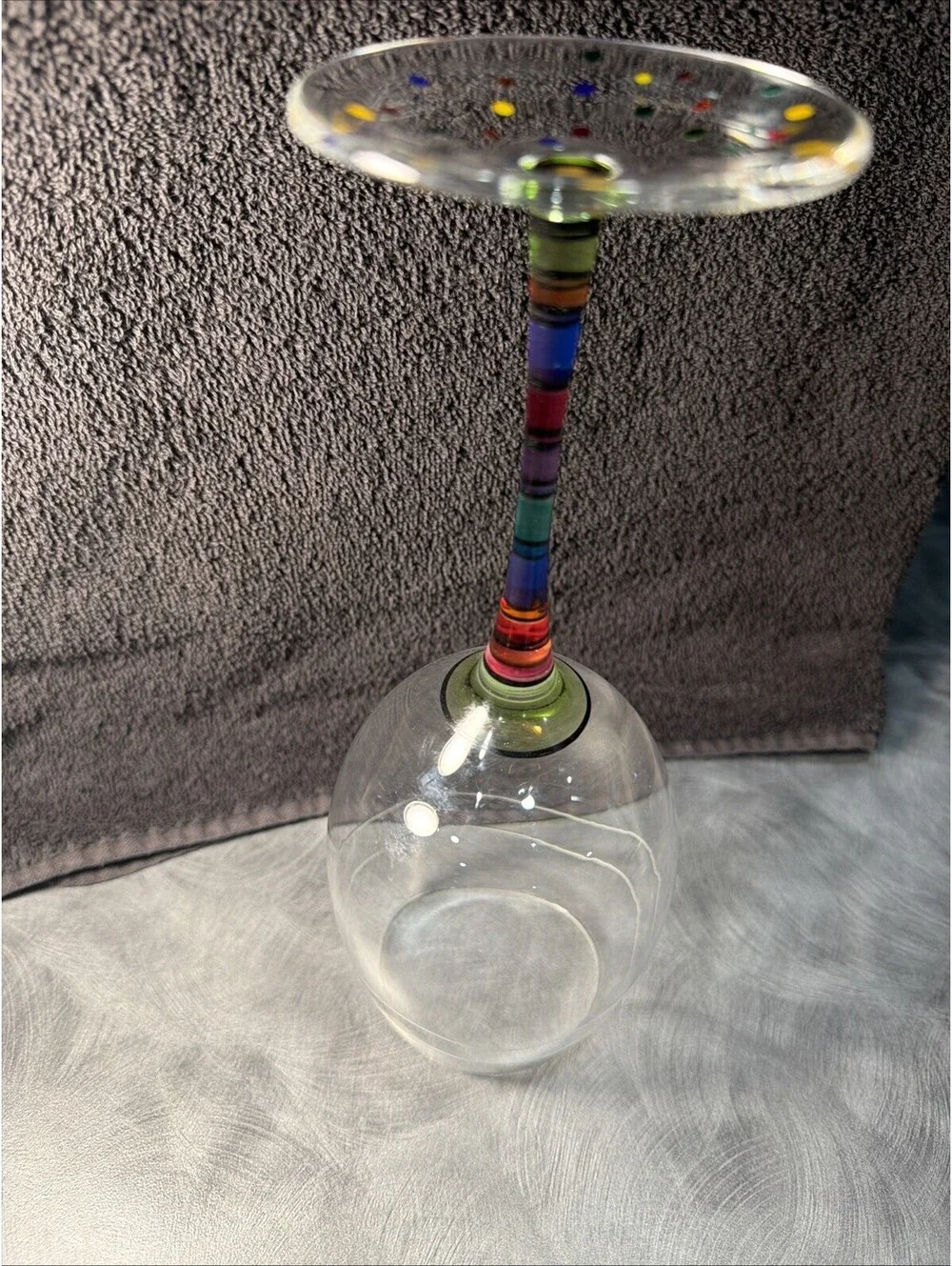 Colorful Art Glass Wine Goblet Striped Stem Confetti Foot Hand Painted 8.5”